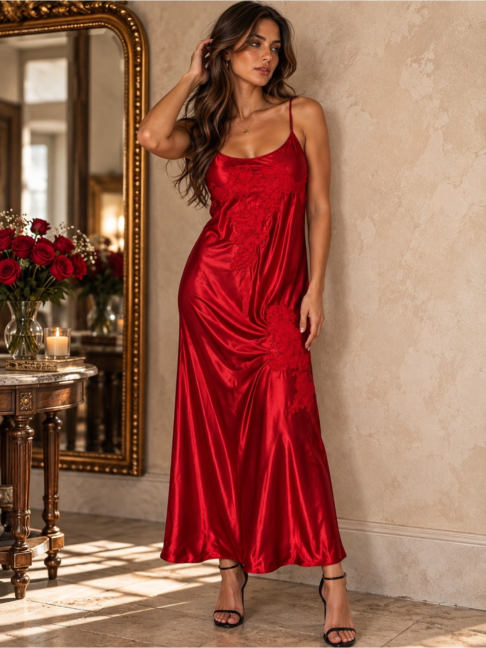 Vintage Red Satin Lace Maxi Slip Dress Femme Fatale Romantic Goth Natori